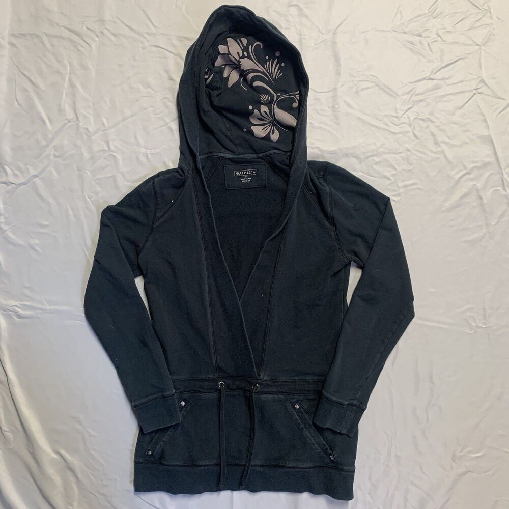 Athleta Active Wrap Hoodie Women's Size Medium Black W Thumb Holes Floral Hood